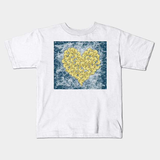 Gold butterflies in heart shape on teal web Kids T-Shirt by hereswendy